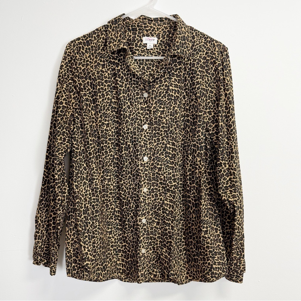 J Crew Button Down Shirt Womens Size XL Cheetah Tan Black Collared Blouse
